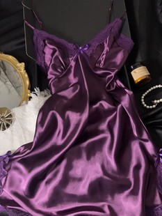 高级紫升级款软蕾丝花边韵味紫性感吊带睡裙家居服