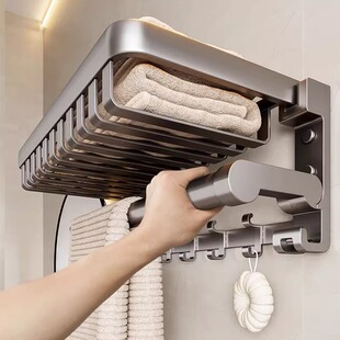 浴室收纳架浴巾架免打孔可折叠卫生间毛巾架，太空铝挂杆衣物置物架
