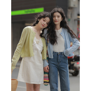 觅定韩系镂空针织开衫外套，女2024春装，设计感小众宽松短款上衣