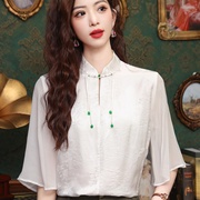 新中式国风真丝衬衫夏季设计感气质百搭七分袖女上衣雪纺小衫