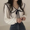 韩国chic春季气质大翻领系带蝴蝶结设计宽松百搭长袖衬衫上衣女