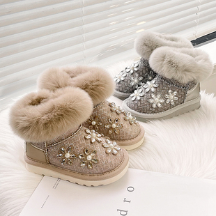 雪地靴女冬季女童棉鞋兔毛短靴保暖童鞋中小儿童加绒加厚鞋子