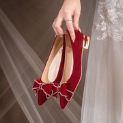 中式婚鞋新娘鞋结婚敬酒红色，低跟鞋粗跟不累脚禾秀服婚纱两穿鞋子