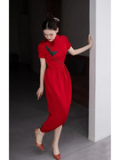 红色出门纱改良旗袍晨袍订婚回门服主持宴会新中式敬酒服法式轻纱