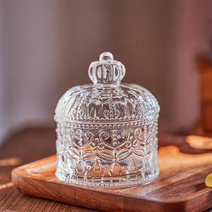 浮雕创意玻璃罐水晶复古咖啡，玻璃糖果罐盅带盖首饰棉签储物罐