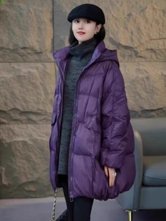 冬季中长款紫色连帽羽绒棉服，女欧洲站面包服休闲加厚棉衣外套女潮