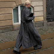 冬季外套欧美经典高端时髦酷飒系带，长款羊毛呢人字纹宽松大衣女