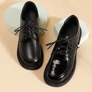 品牌黑色小皮鞋女2023四季通用系带休闲单鞋英伦风低跟乐福鞋