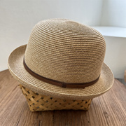 棕色帽子女春夏法式卷边小礼帽洋气短檐草编帽复古圆顶细编爵士帽