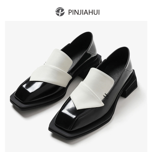pinjiahui小众感撞色方头乐福鞋女软皮踩跟两穿真皮英伦风小皮鞋