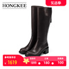 Hongkee/红科长靴2023冬季女靴牛皮粗跟后拉链骑士靴HC23S404