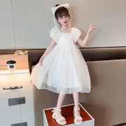 夏季女童连衣裙白纱裙(白纱裙，)短袖网纱公主，2024中大童仙女裙礼服舞蹈