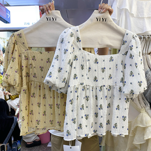 广州十三行女装韩国货夏季法式方领碎花泡泡袖裙摆蓬蓬娃娃衫上衣