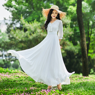 连衣裙仙女风2024夏气质(夏气质)拖地裙子，大摆裙沙滩裙白色雪纺超长裙