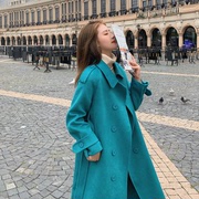 呢子大衣女2020冬季中长款双面羊毛蓝色双排扣唯美靓丽宽松外套