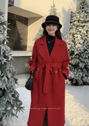 红色双面羊绒大衣女2024年冬季圣诞款双排扣系带高端毛呢外套