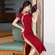 大码红色蕾丝长款旗袍2023秋冬改良中国风优雅气质修身敬酒服