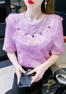 2023夏重工(夏重工)蕾丝镶钻钉珠蕾丝衫甜美短袖设计感小众雪纺衫上衣