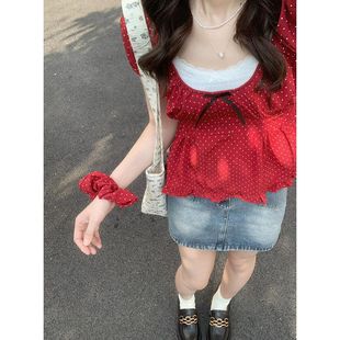 设计感蝴蝶结红色波点短袖上衣女夏季波浪边套头短款修身衬衫