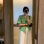 绿色外套女清新2023秋季设计小众小个子文艺短款外套