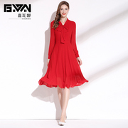 红色连衣裙2024春装系带领气质收腰显瘦中长款雪纺长袖打底裙