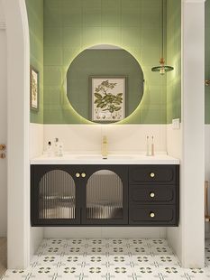 陶瓷一体浴室柜牛油果绿复古黑色，卫生间洗脸洗手柜盆组合洗漱台盆
