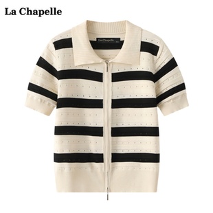 拉夏贝尔/La Chapelle设计感条纹翻领拉链针织开衫女夏季短袖上衣