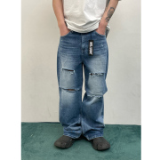 小北韩国男装东大门牛仔，长裤夏季男士宽松水洗，直筒破洞阔腿裤