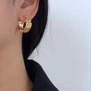 原创设计小众传承国风耳钉纹样图案黄铜镀金色镂空耳环三星堆耳饰