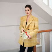 2023秋冬中长西服外套黄色羊毛呢格子高级设计感宽松休闲女装