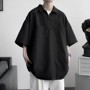 大码300斤黑色半拉链工装短袖衬衫男士设计感小众夏季高级感衬衣2