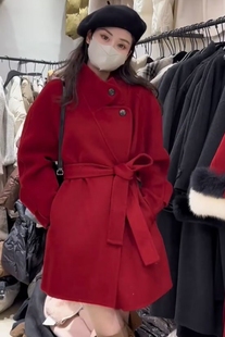 过年红色双面羊绒大衣女，短款秋冬系带修身显瘦立领，羊毛呢外套