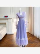 紫色方领度假风法式长裙女拼接网纱长袖立体收腰雪纺连衣裙 67830