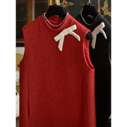 气质小香风红色背心连衣裙，女2024冬季无袖，保暖圆领中长裙