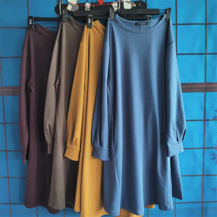 高品日单素色订单，秋季高棉圆领长袖连衣裙，加大码胸围96-122cm