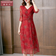 香妮芬高贵优雅红色，收腰连衣裙2023夏装台湾网纱显瘦中长款女