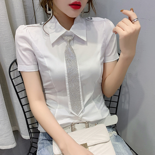 欧洲站夏季短袖带钻衬衫女网红时尚显瘦网纱拼接棉白色衬衣t