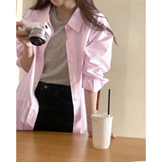 陆续!高级感春日衬衫，~韩国东大门翻领，单排扣宽松长袖粉色衬衣女