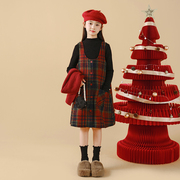 女童圣诞连衣裙套装2024新年冬季红色裙子儿童英伦时髦背心裙童装
