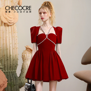 茬客法式红色连衣裙女2024年夏季钉珠复古气质优雅收腰小礼服