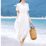 春夏女士白色苎麻双层重工刺绣海边度假连衣裙仙女裙中长款初恋裙