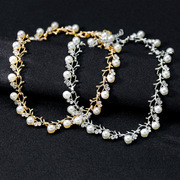欧美简约珍珠项链首饰套装合金镶钻短颈链耳环手链新娘三件套配饰