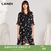 landi荷叶袖碎花，高腰显瘦v领五分袖连衣裙春夏