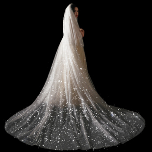 新娘结婚超仙森系网红拍照道具，白色闪闪星空，头纱长款拖尾大头纱