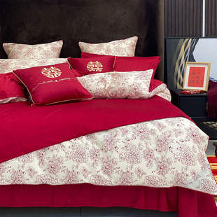 婚庆四件套大红全棉贡缎，被套60支长绒棉，床单款新婚房床上用品套件