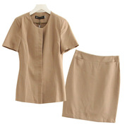 2023夏季职业装纯色简约短袖单排扣开衫高腰包臀半身裙套装两件套