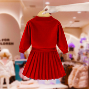 女童毛衣套装裙秋冬季2023儿童中国风新年装红色针织两件套裙