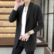 香港春秋季男士修身针织开衫毛，d衣外套，中长版风衣韩版翻领披