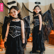 万圣节演出服装女童魔咒恶魔天使，翅膀装暗黑精灵连衣裙黑色儿童装
