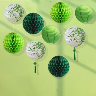 绿色系竹子纸灯笼国风古典传统梅兰竹菊吊灯罩古风汉服手绘纸灯罩